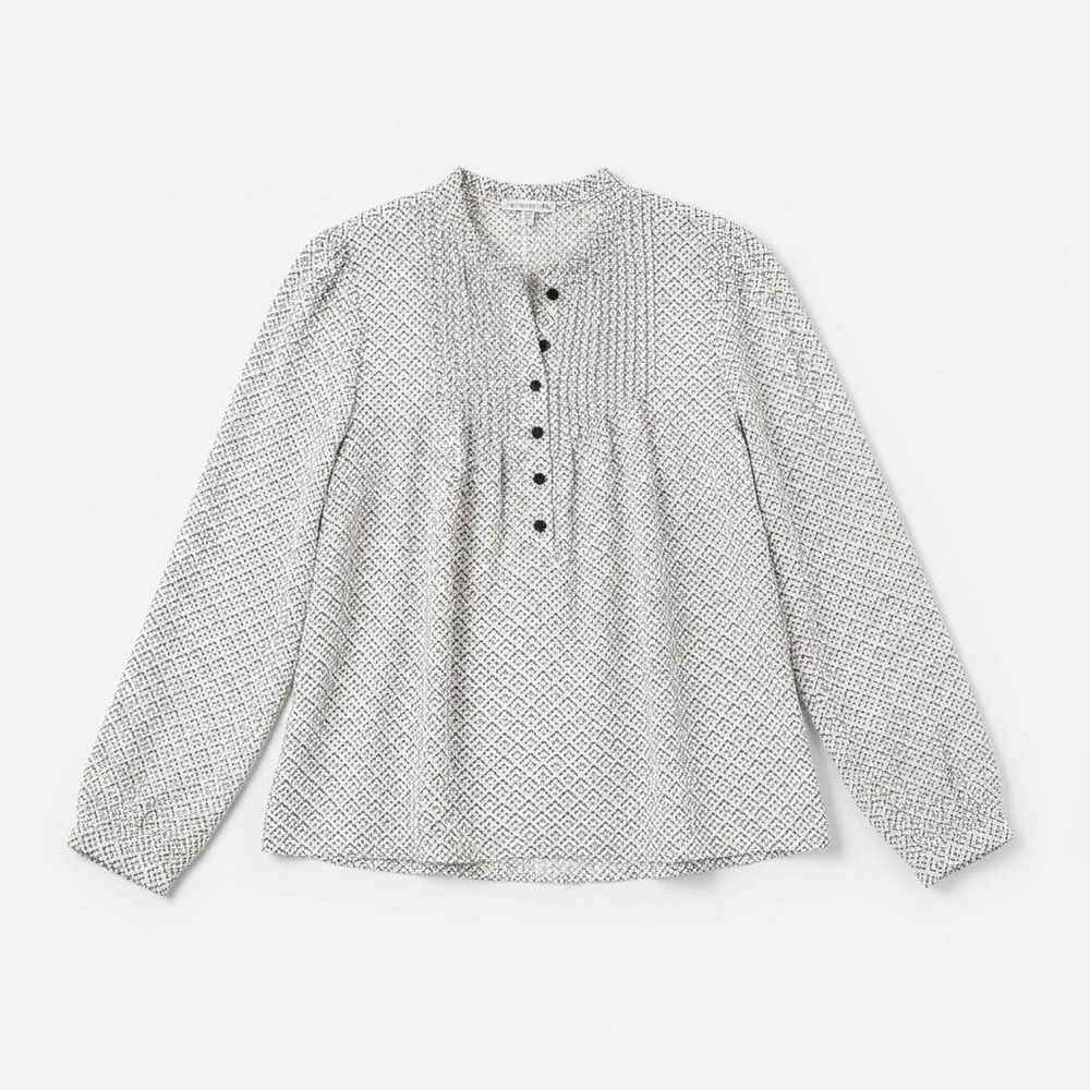 Maison d'Amelie Paris‎ Womens Large White Black Geometric Pintuck Ruffle Blouse